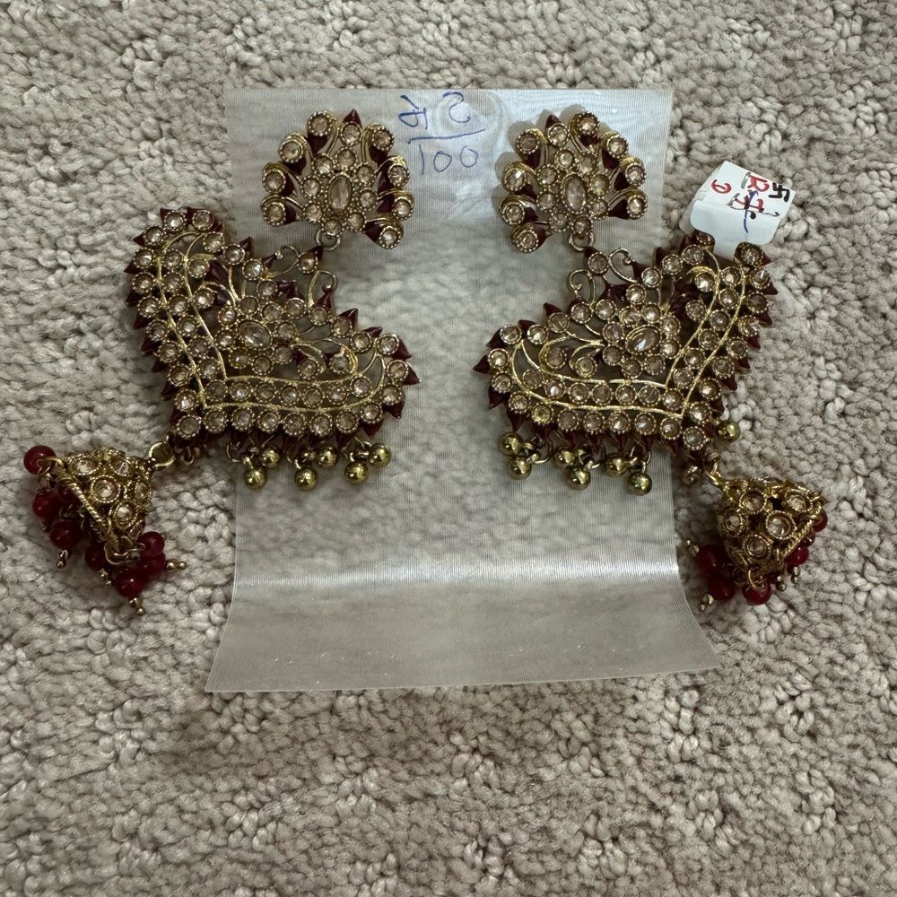 Gold & Red Heart Jhumka Indian Earrings –Traditional Jewelry